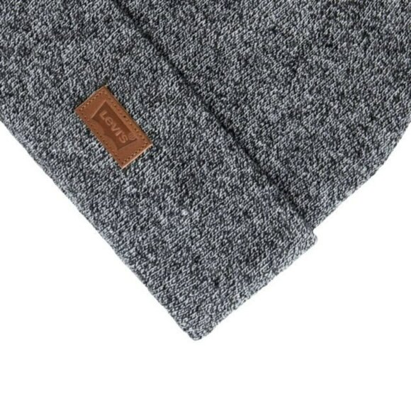 LEVI'S One Size Marl Grey All Season Leather Logo Patch Cuffed Knit BEANIE NWT - Picture 3 of 6